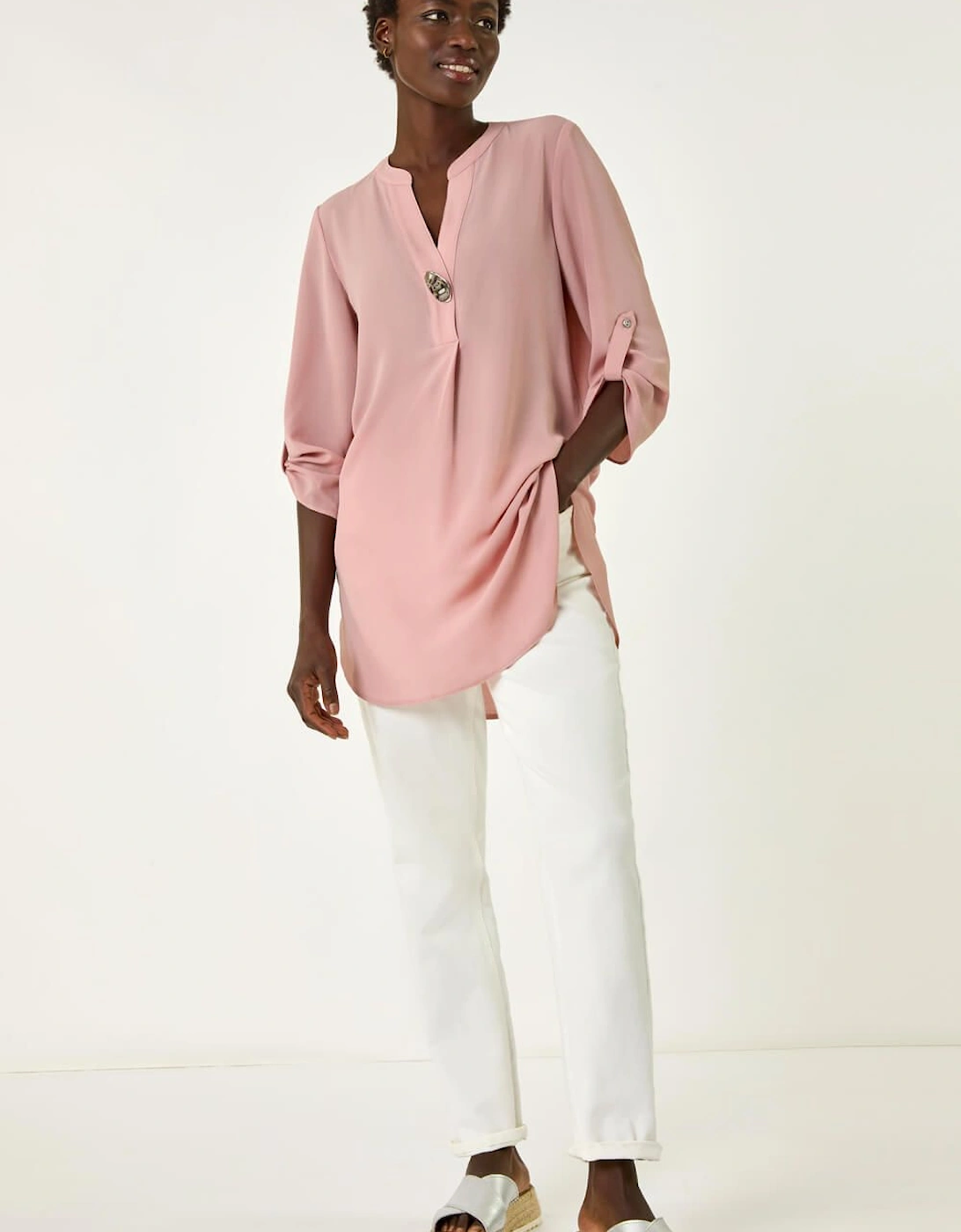 Button Detail V-Neck Longline Tunic Blouse, 2 of 1