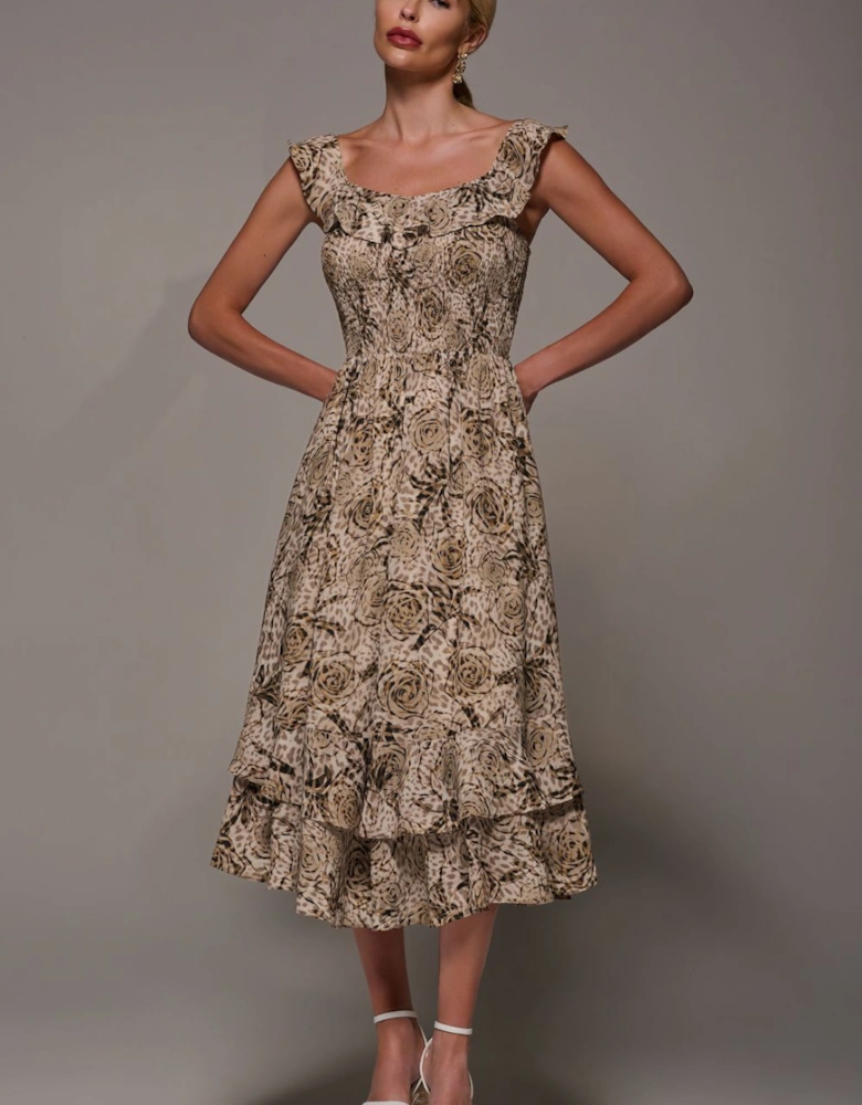 Shirred Ruffle Sleeve Tiered Midi Dress