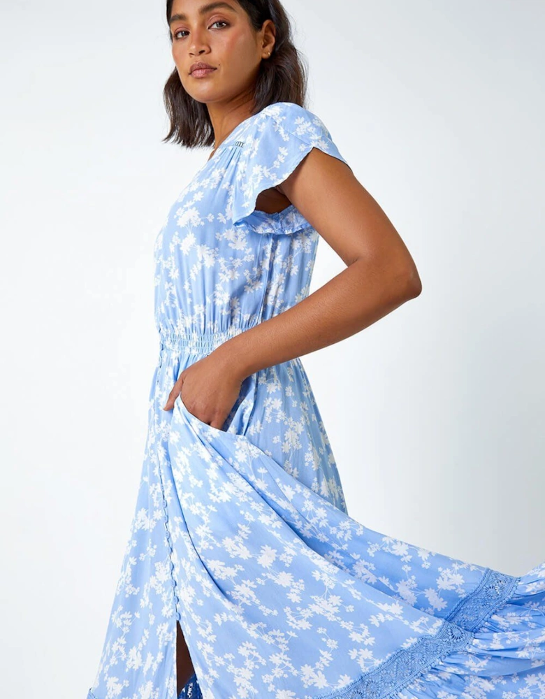 Floral Button Down Frill Midi Dress