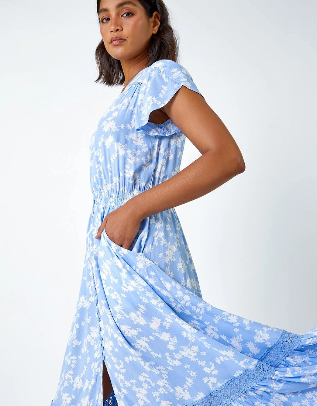 Floral Button Down Frill Midi Dress, 2 of 1