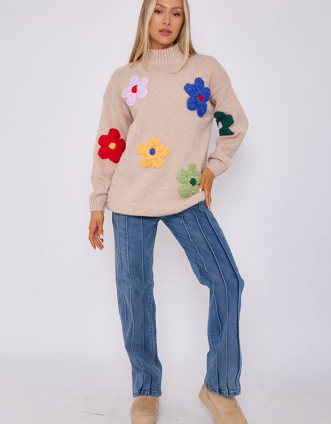 Beige Floral Appliqué High Neck Oversized Jumper, 5 of 4