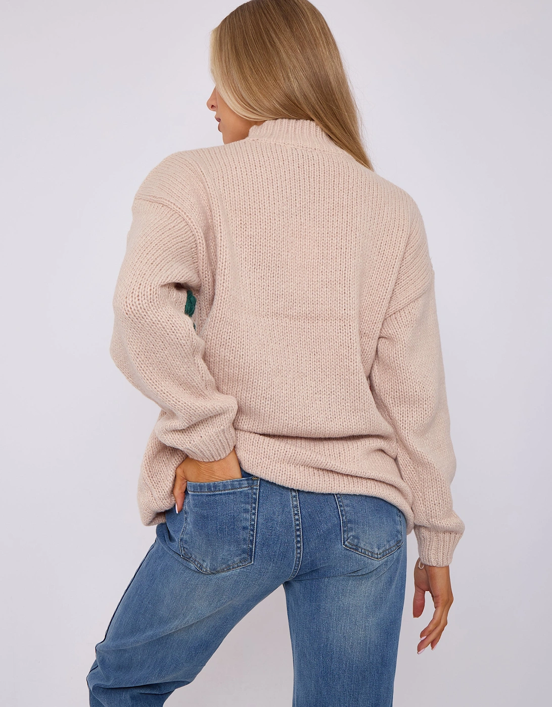 Beige Floral Appliqué High Neck Oversized Jumper