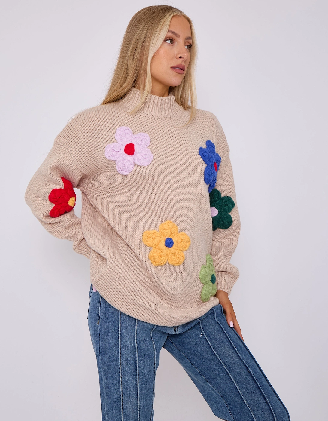 Beige Floral Appliqué High Neck Oversized Jumper