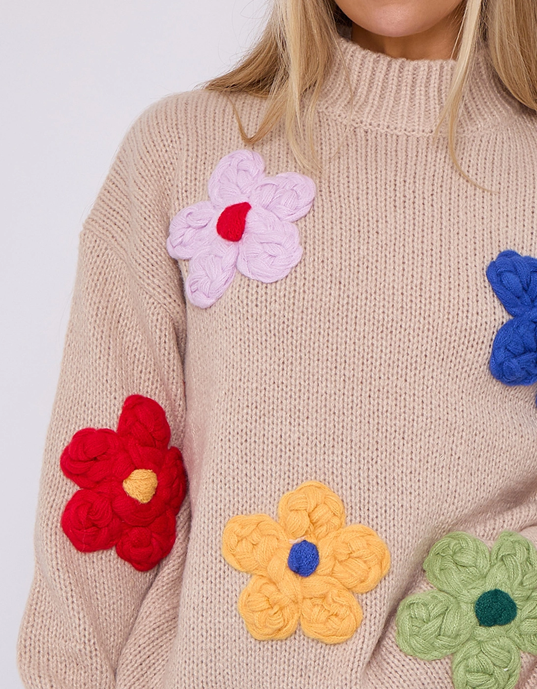 Beige Floral Appliqué High Neck Oversized Jumper