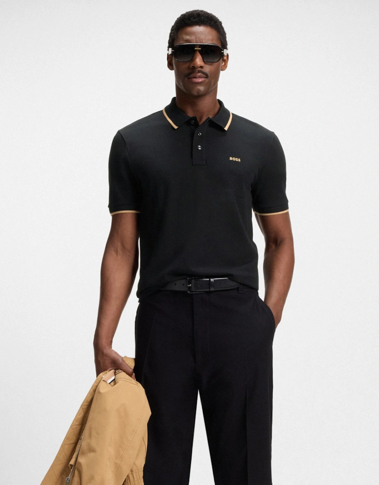 BOSS Orange Parlay 190 Mens Cotton-Piqué Polo Shirt with Contrast Tipping - Black