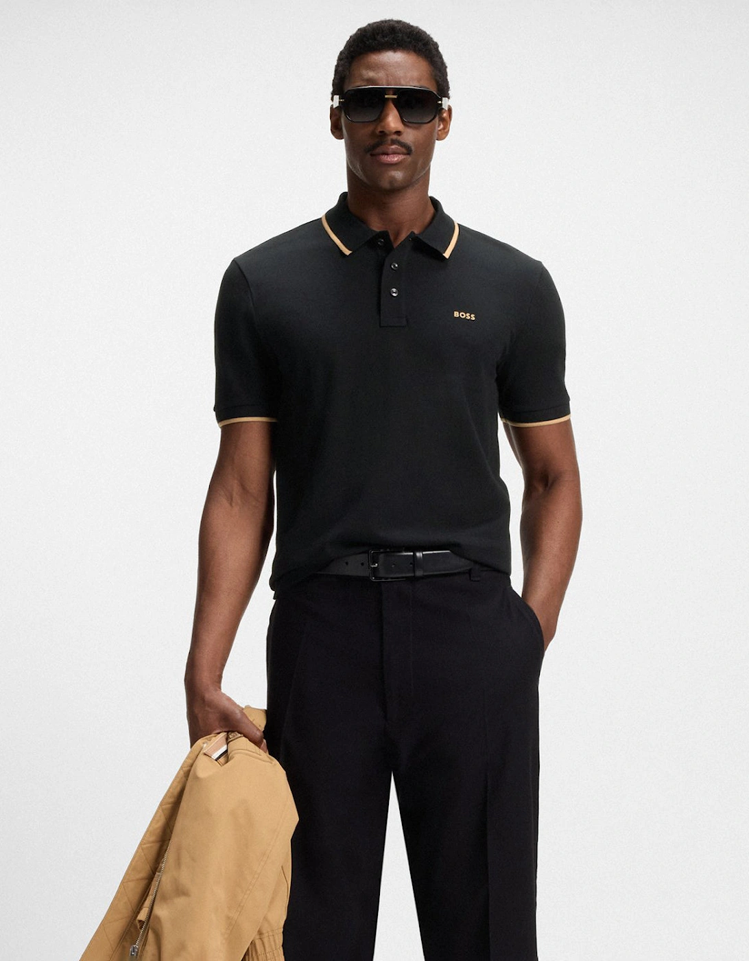 BOSS Orange Parlay 190 Mens Cotton-Piqué Polo Shirt with Contrast Tipping - Black