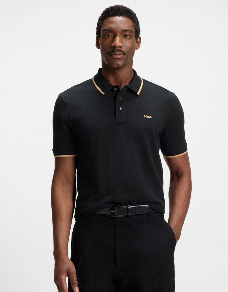BOSS Orange Parlay 190 Mens Cotton-Piqué Polo Shirt with Contrast Tipping - Black