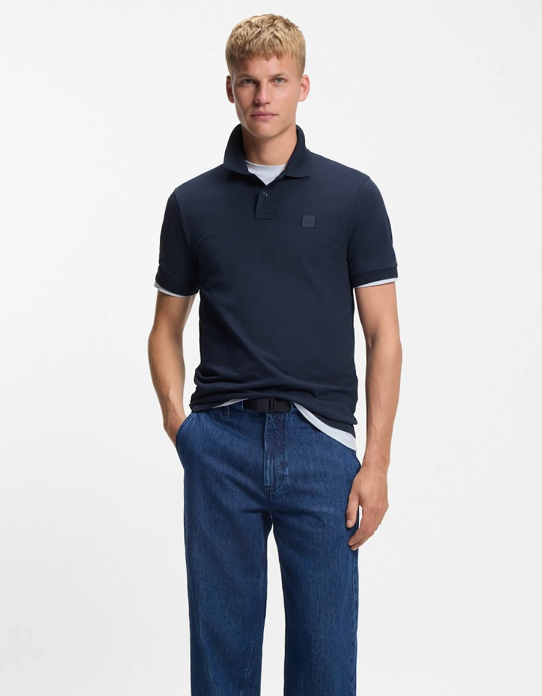 BOSS Orange Passenger Mens Stretch-Cotton Slim-Fit Polo Shirt with Logo Patch - Open Blue 464