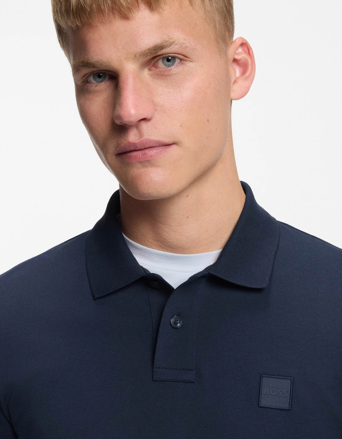 BOSS Orange Passenger Mens Stretch-Cotton Slim-Fit Polo Shirt with Logo Patch - Open Blue 464