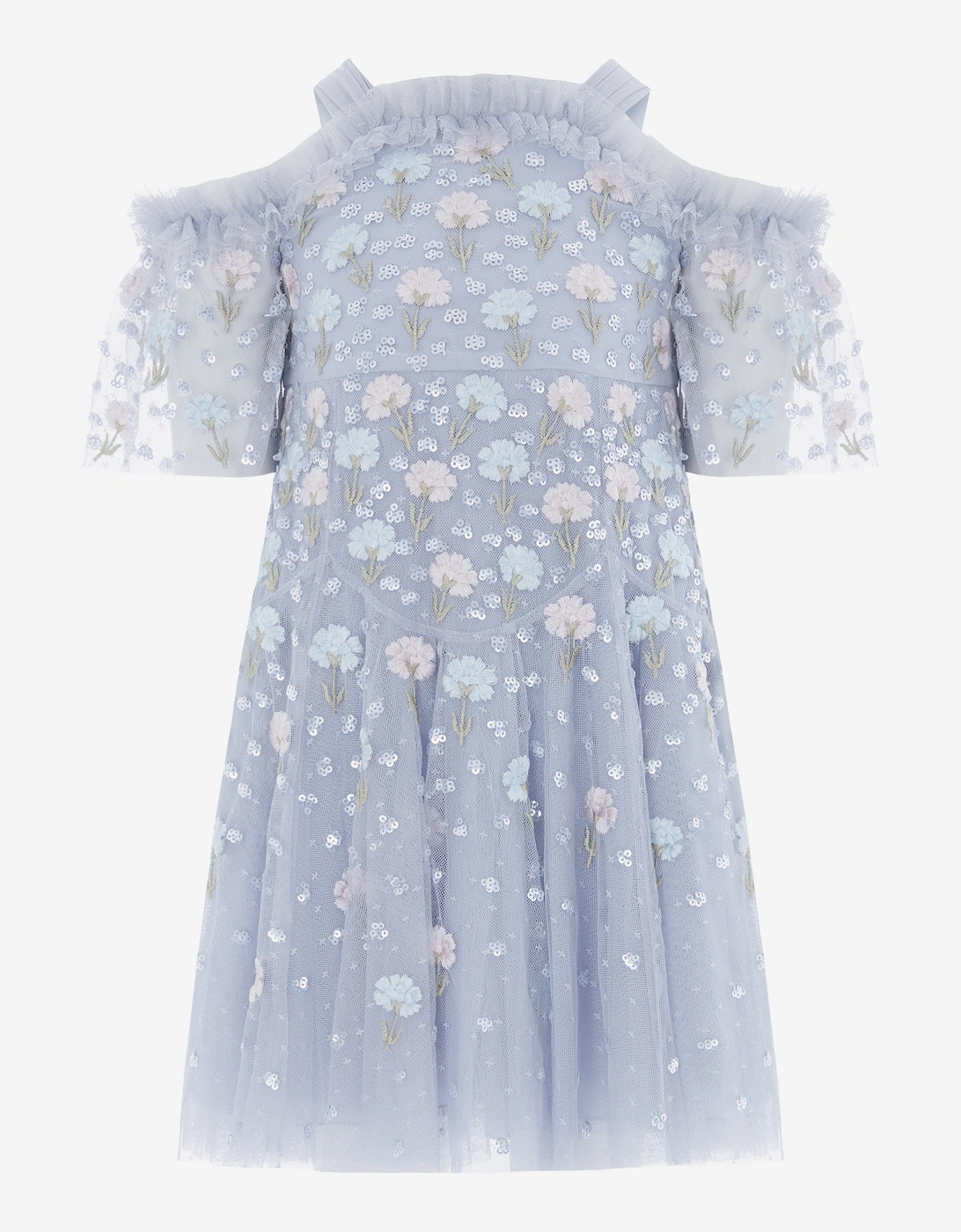 Girls Dandelion Ditsy Off Shoulder Dress in Blue, 5 of 4