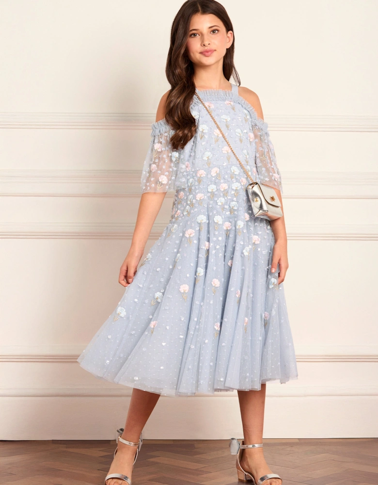 Girls Dandelion Ditsy Off Shoulder Dress in Blue