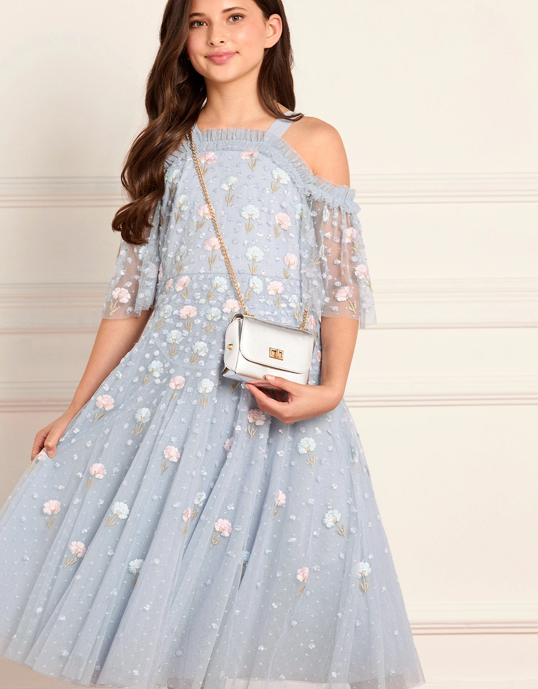 Girls Dandelion Ditsy Off Shoulder Dress in Blue