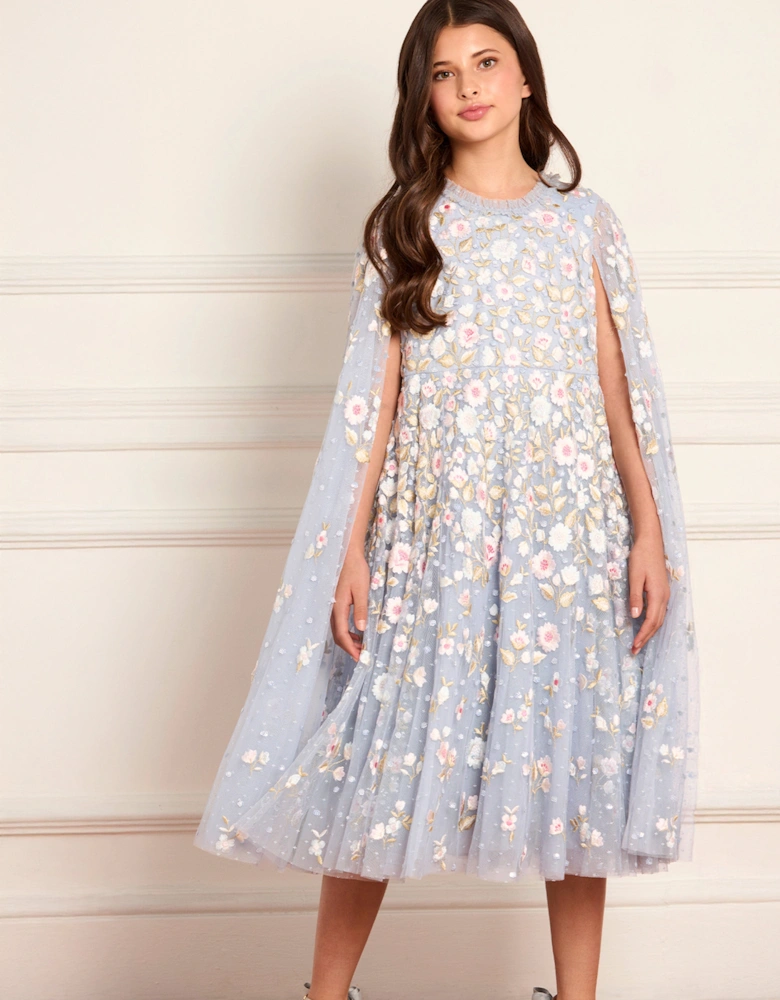 Girls Ethereal Blooms Cape Dress in Blue