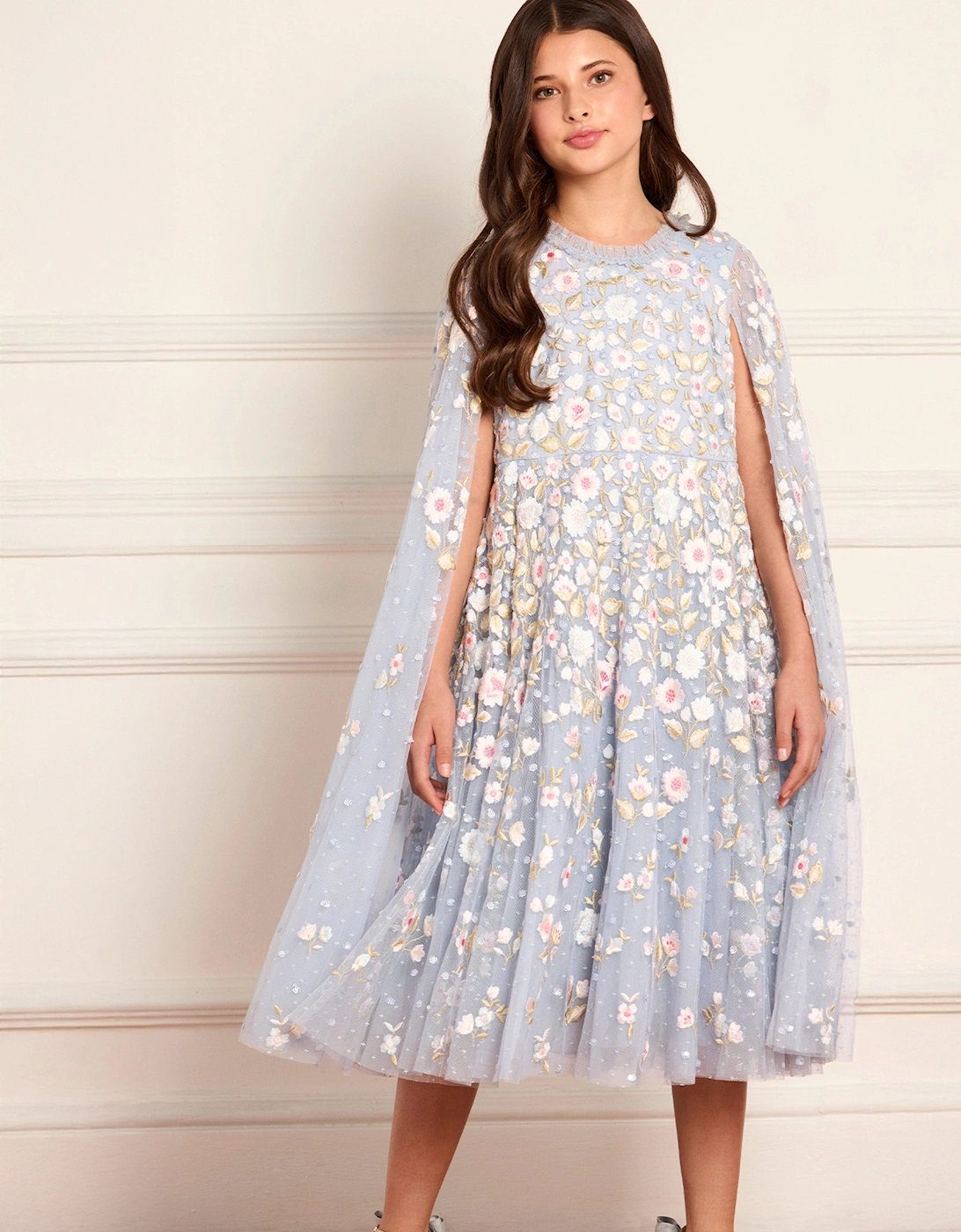 Girls Ethereal Blooms Cape Dress in Blue