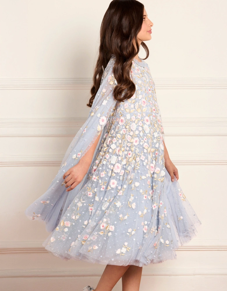 Girls Ethereal Blooms Cape Dress in Blue