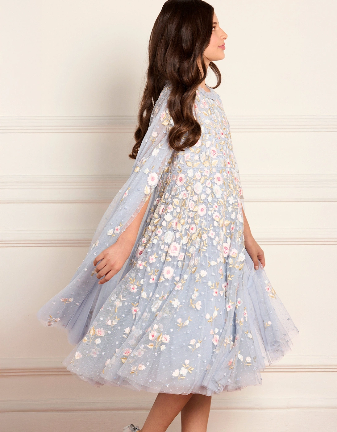 Girls Ethereal Blooms Cape Dress in Blue