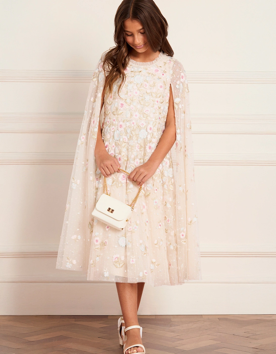 Girls Ethereal Blooms Cape Dress in Ivory
