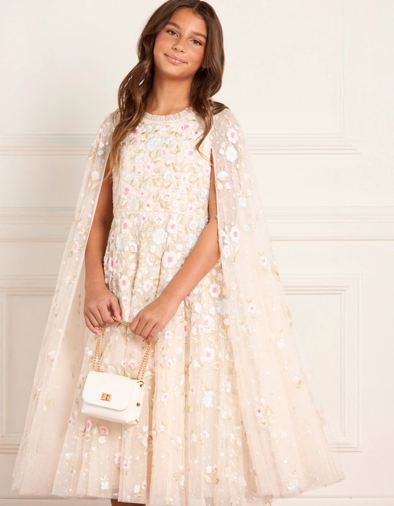 Girls Ethereal Blooms Cape Dress in Ivory