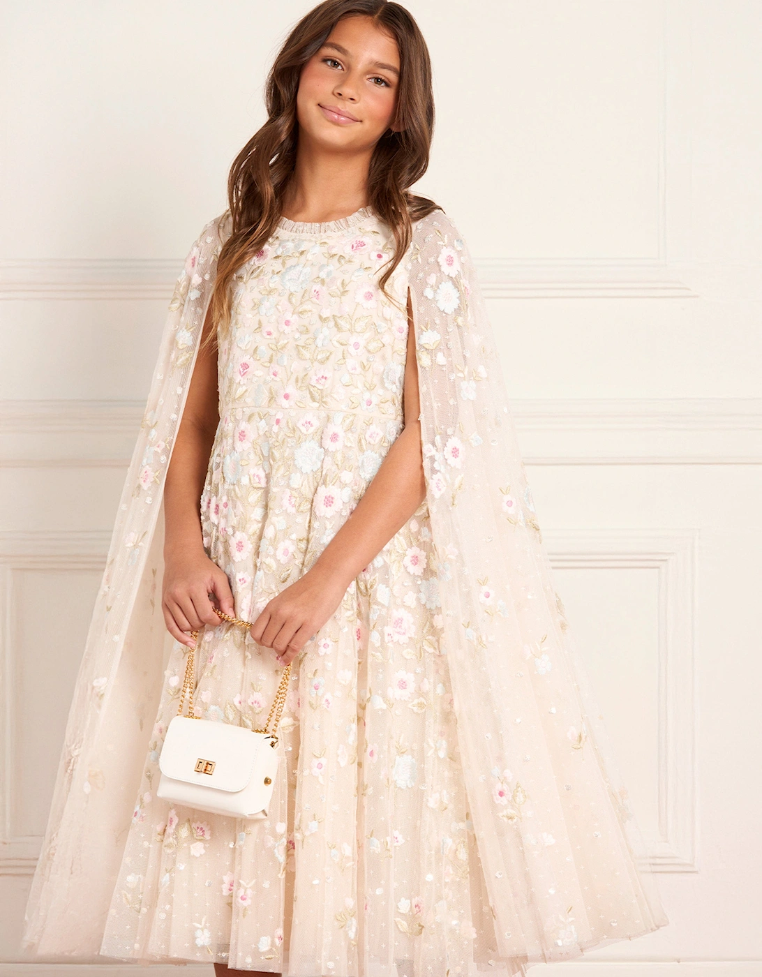 Girls Ethereal Blooms Cape Dress in Ivory