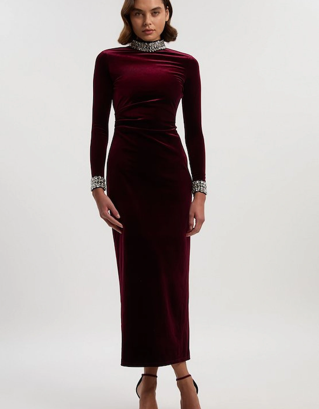 Stretch Velvet Crystal Embellished Long Sleeve Maxi Dress