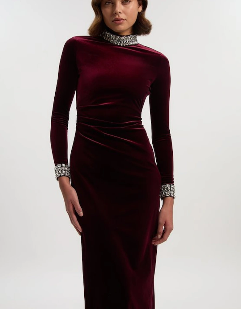Stretch Velvet Crystal Embellished Long Sleeve Maxi Dress