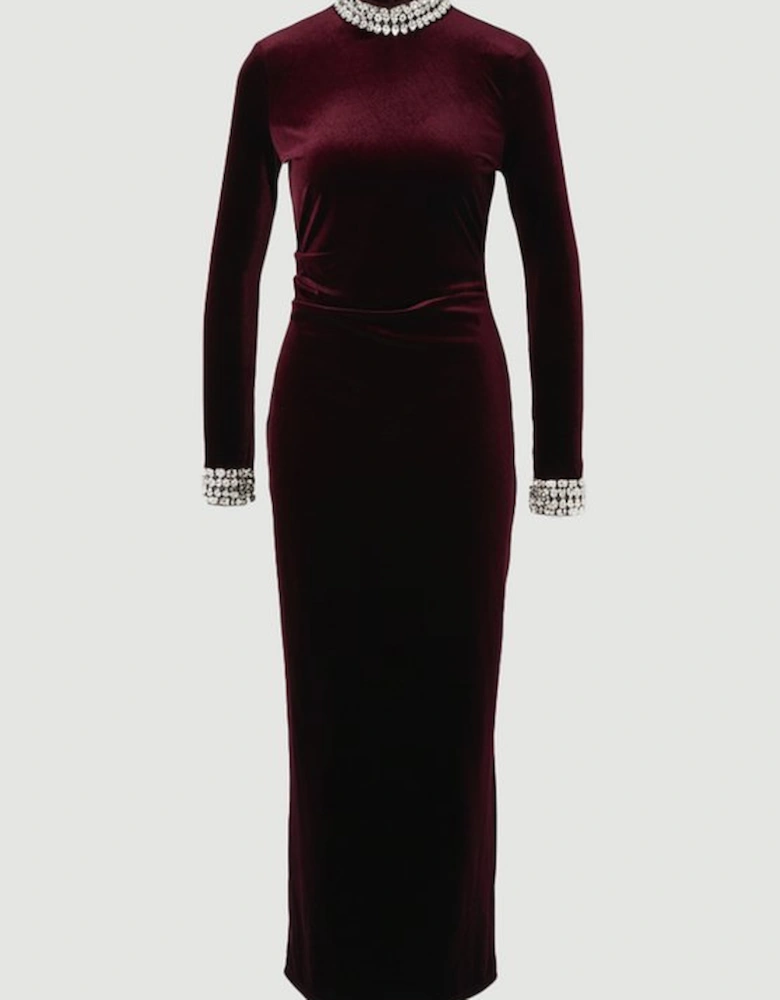 Stretch Velvet Crystal Embellished Long Sleeve Maxi Dress