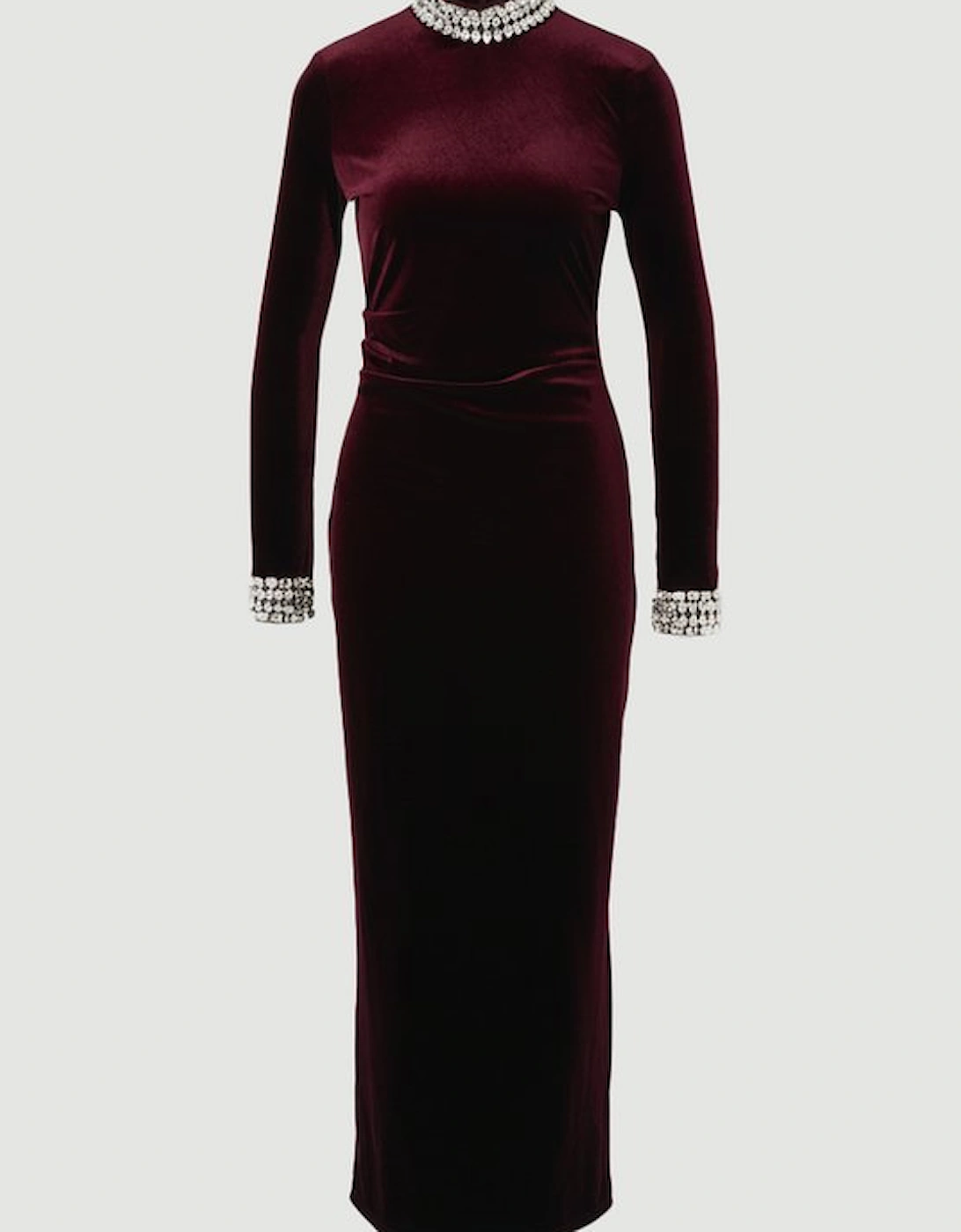 Stretch Velvet Crystal Embellished Long Sleeve Maxi Dress