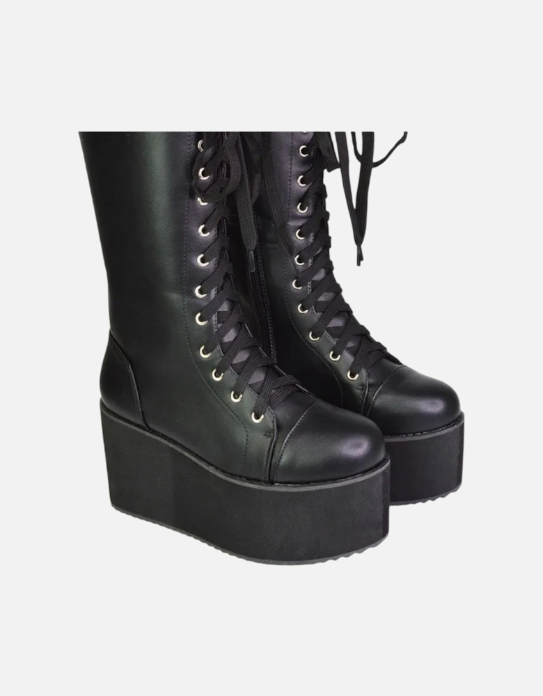 Womens/Ladies Liz Calf-Length Lace Up High Flatform Biker Boots