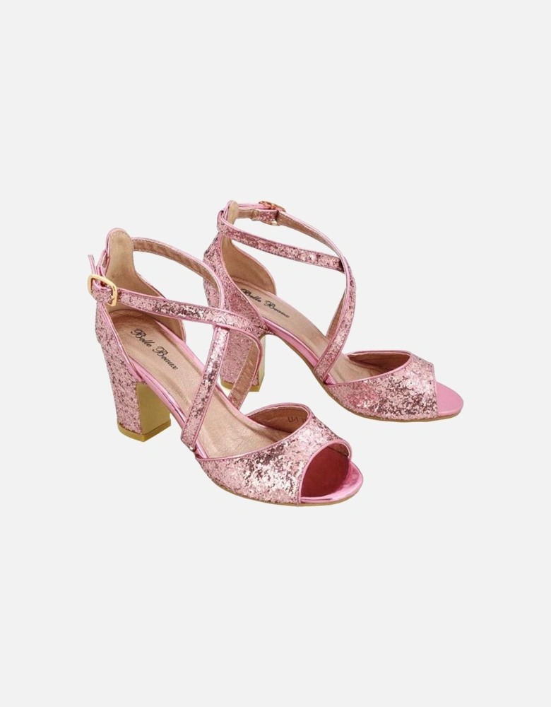 Womens/Ladies Harlow Glitter Peep Toe Crossover Strap Block Heel High Heels