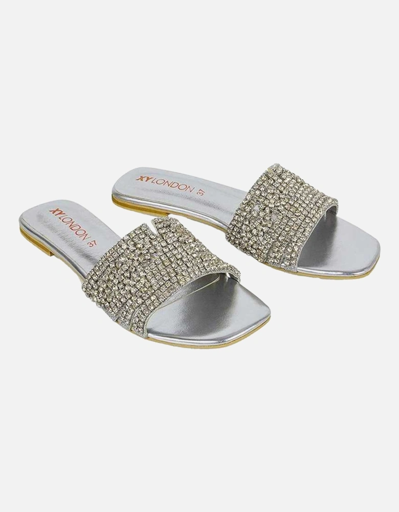 Womens/Ladies Sam Diamante Sparkly Square Toe Cut Out Flat Sandals