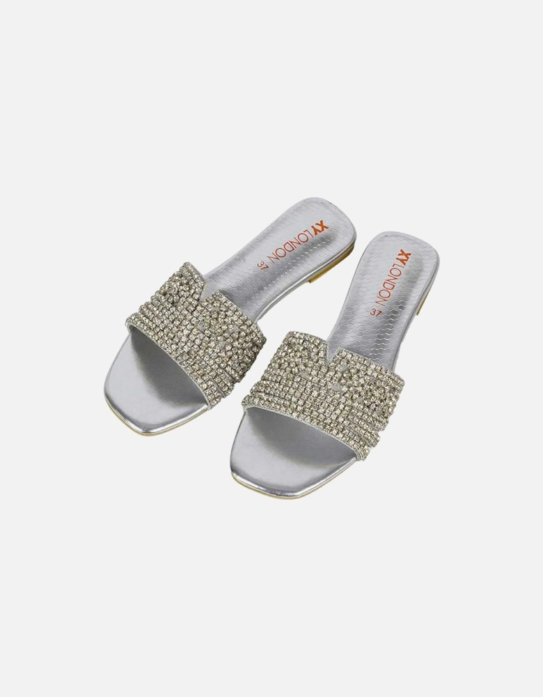 Womens/Ladies Sam Diamante Sparkly Square Toe Cut Out Flat Sandals