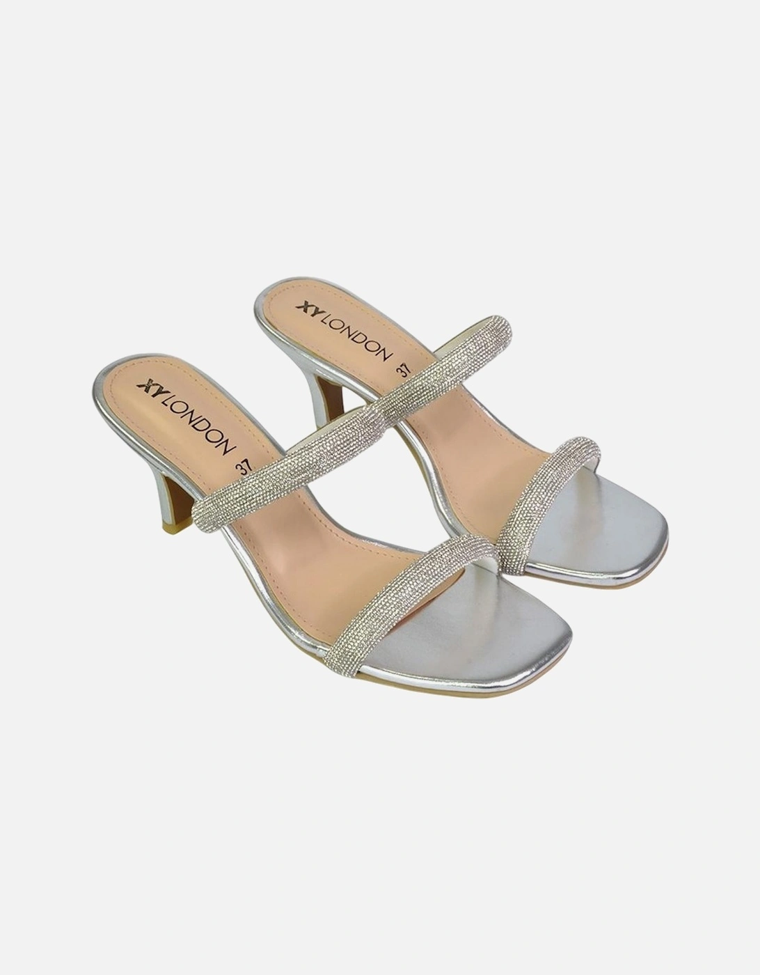 Womens/Ladies Nancy Diamante Square Toe Strappy Kitten Heel Mules, 6 of 5