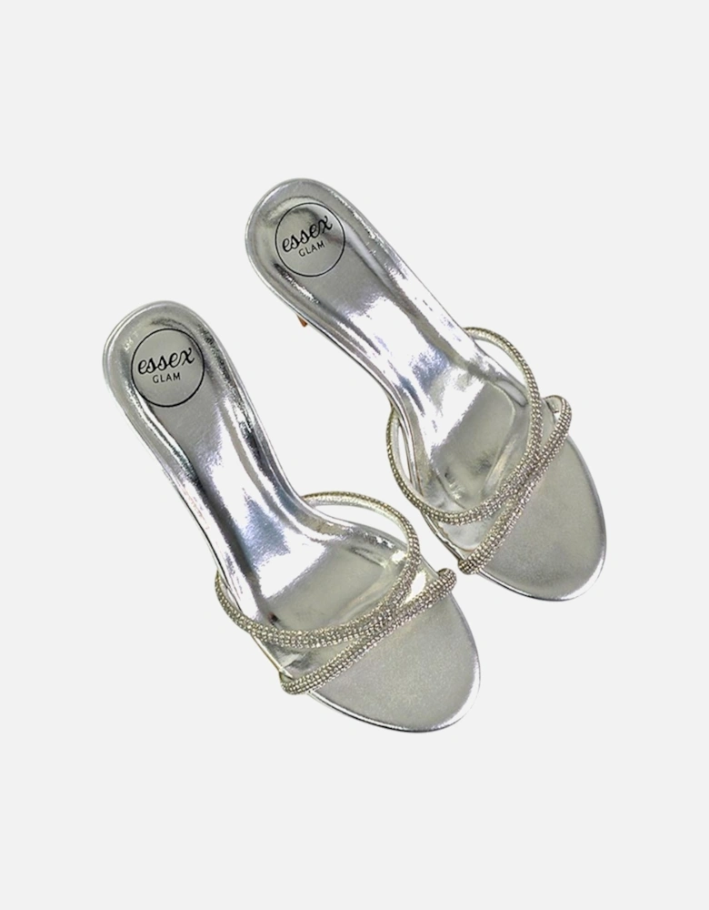 Womens/Ladies Abby Metallic Diamante Strappy Stiletto Heel Mules
