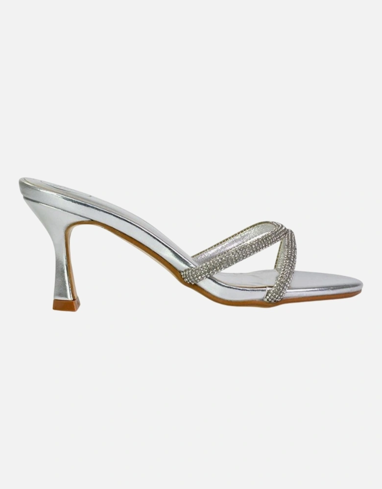 Womens/Ladies Abby Metallic Diamante Strappy Stiletto Heel Mules