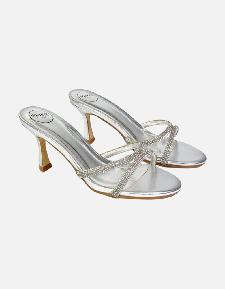 Womens/Ladies Abby Metallic Diamante Strappy Stiletto Heel Mules