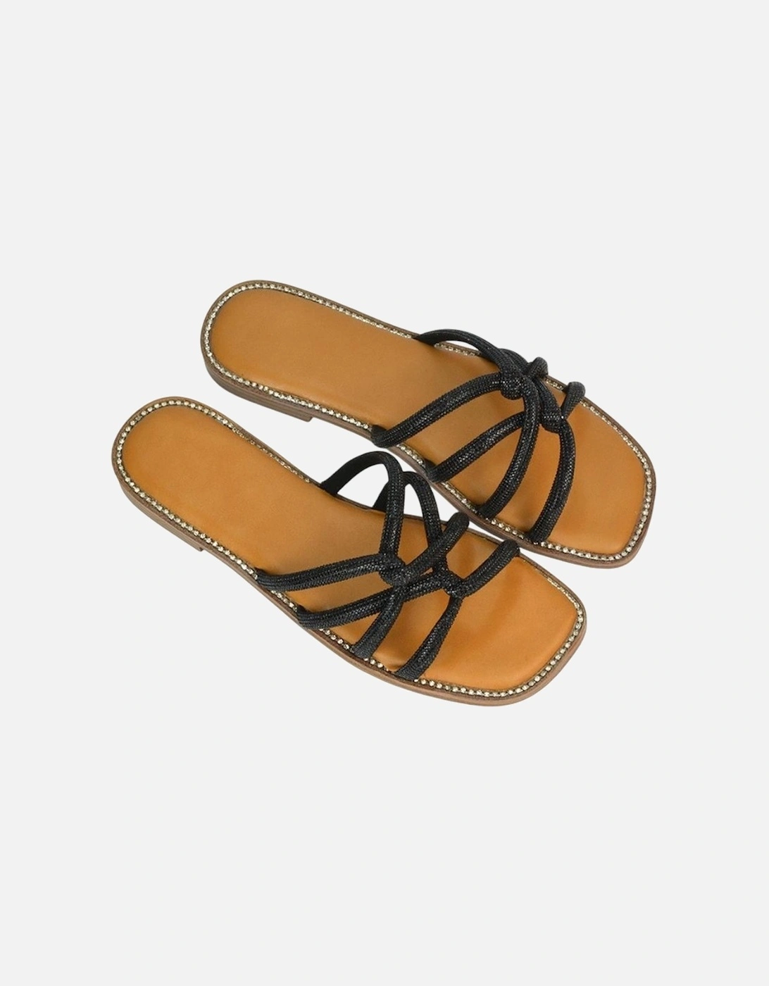 Womens/Ladies Sofia Diamante Trim Square Toe Flat Sliders