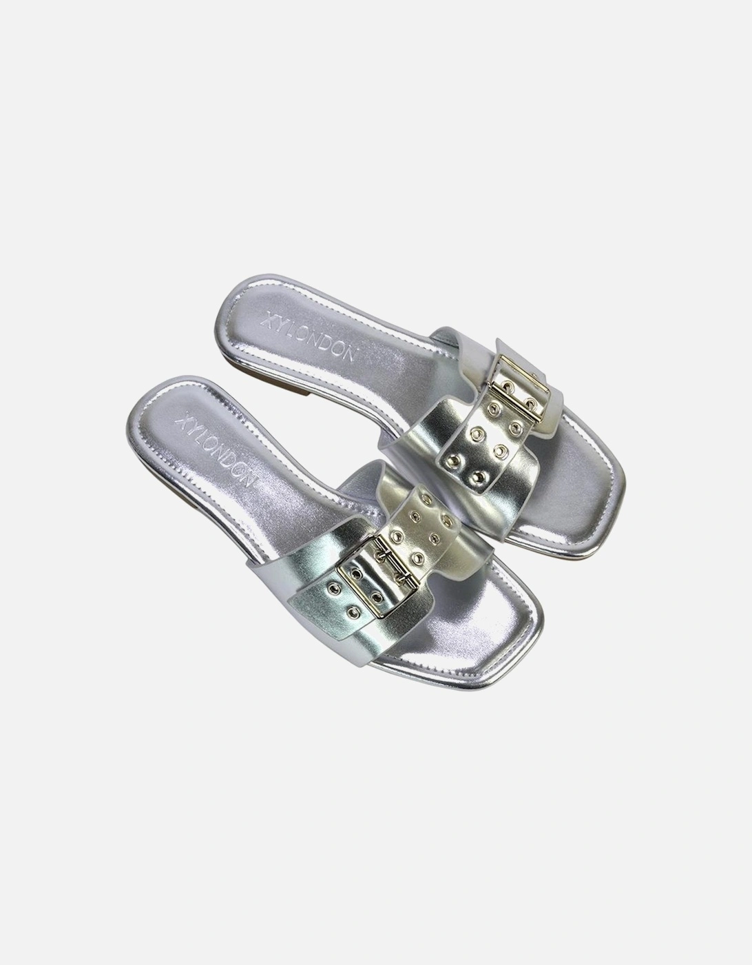 Womens/Ladies Inez Buckle Metallic Square Toe Strappy Flat Sandals