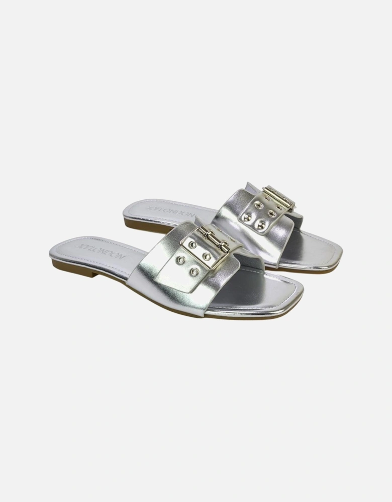 Womens/Ladies Inez Buckle Metallic Square Toe Strappy Flat Sandals