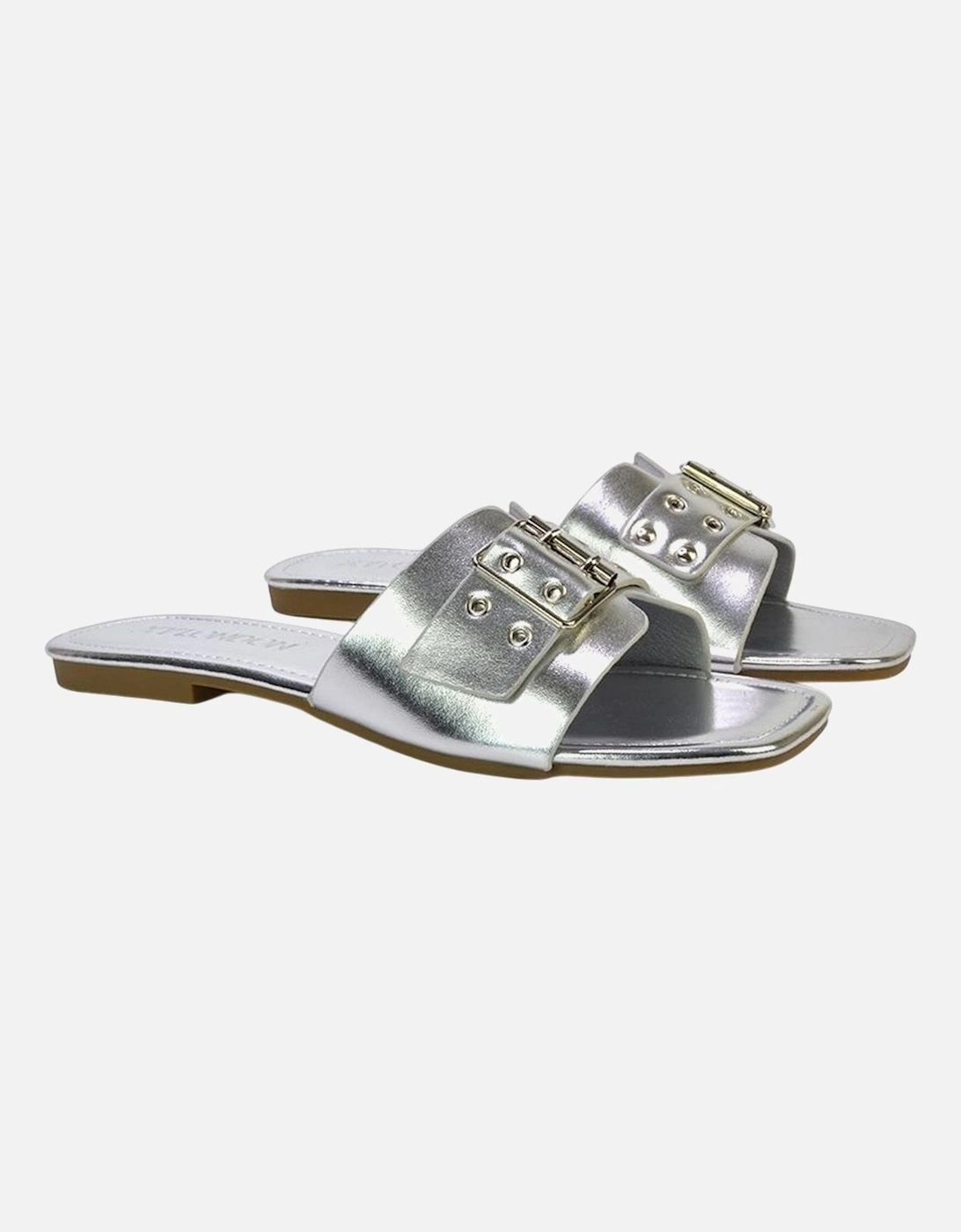 Womens/Ladies Inez Buckle Metallic Square Toe Strappy Flat Sandals