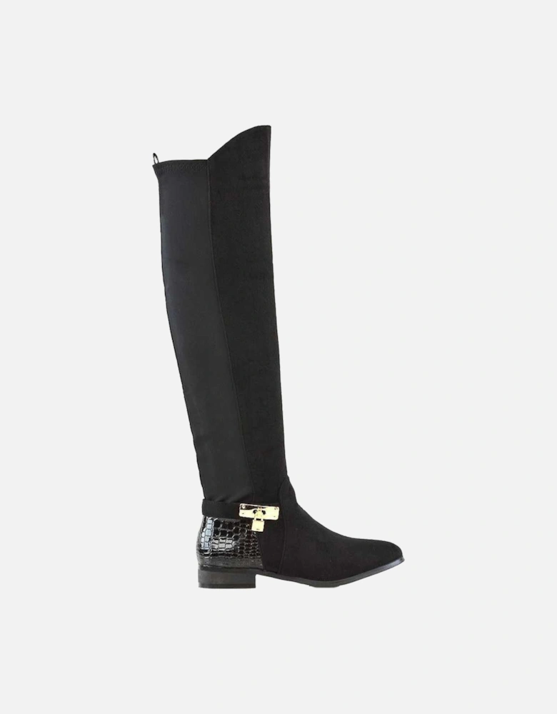 Womens/Ladies Bella Crocodile Print Zip Elasticated Flat Thigh-High Boots