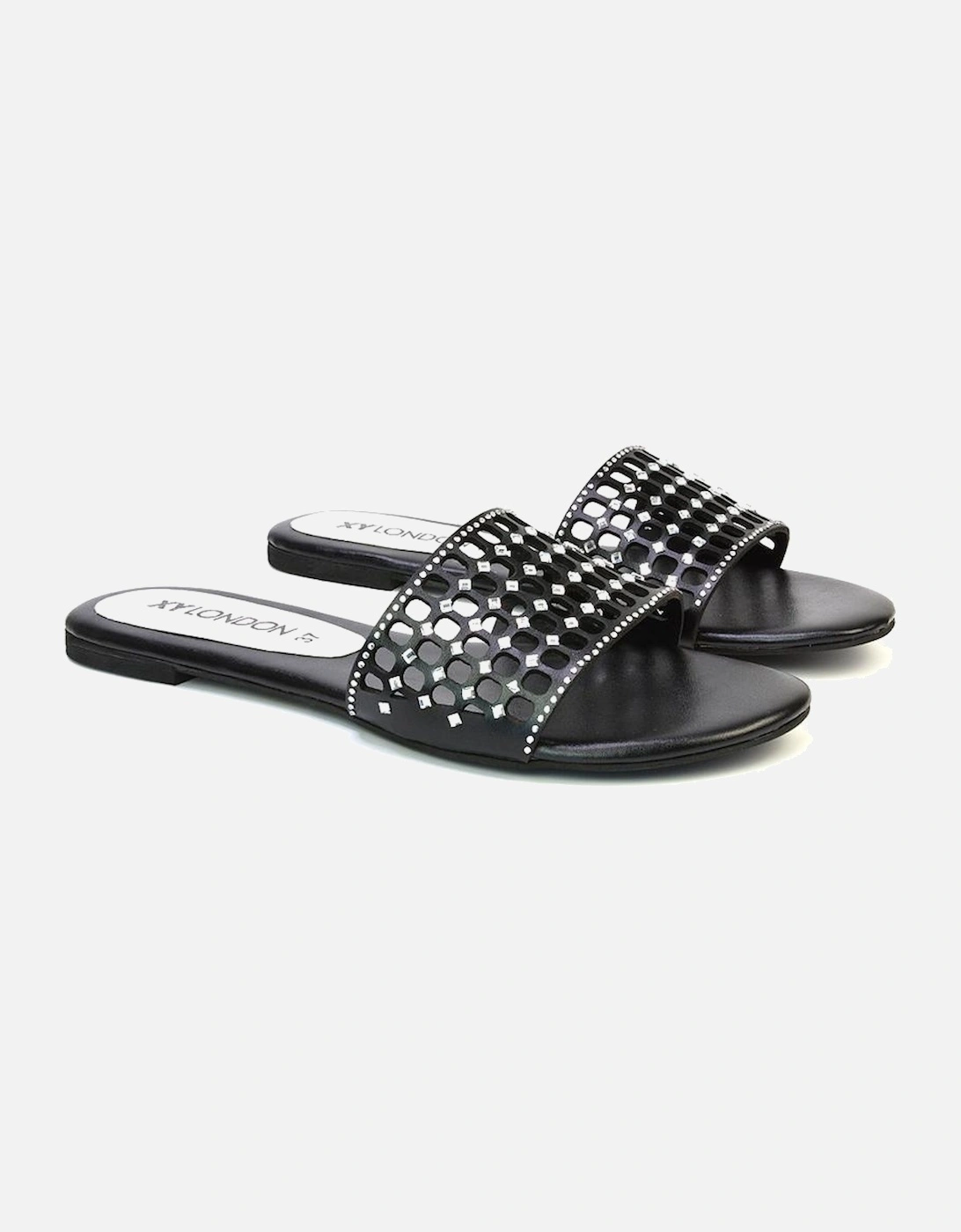 Womens/Ladies Abbie Diamante Cut Out Flat Sliders