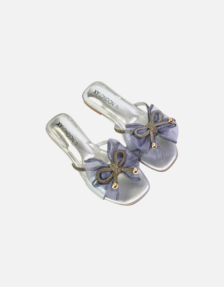 Womens/Ladies Zendaya Diamante Mesh Bow Flat Sandals
