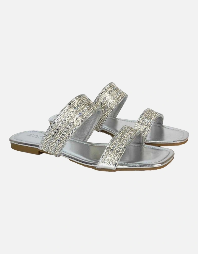 Womens/Ladies Lucy Patent Rhinestone Flat Mule Sandals