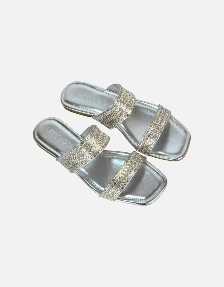 Womens/Ladies Lucy Patent Rhinestone Flat Mule Sandals