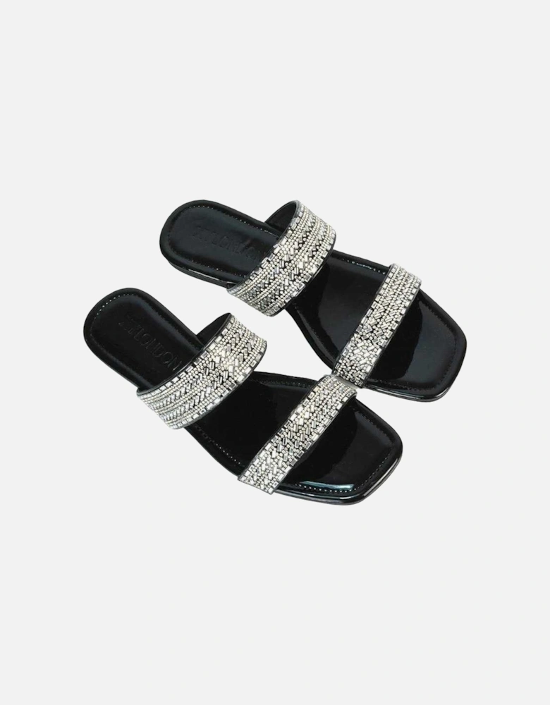 Womens/Ladies Lucy Patent Rhinestone Flat Mule Sandals
