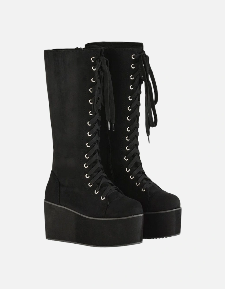 Womens/Ladies Liz Calf-Length Lace Up High Flatform Biker Boots