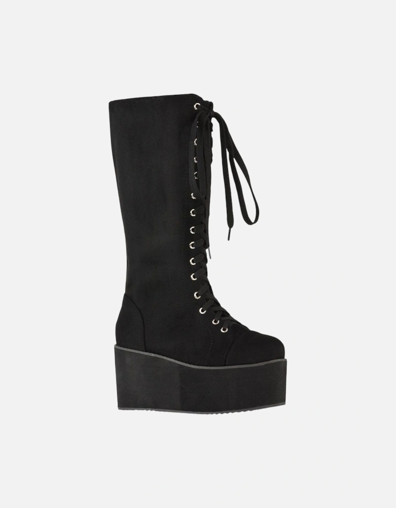 Womens/Ladies Liz Calf-Length Lace Up High Flatform Biker Boots