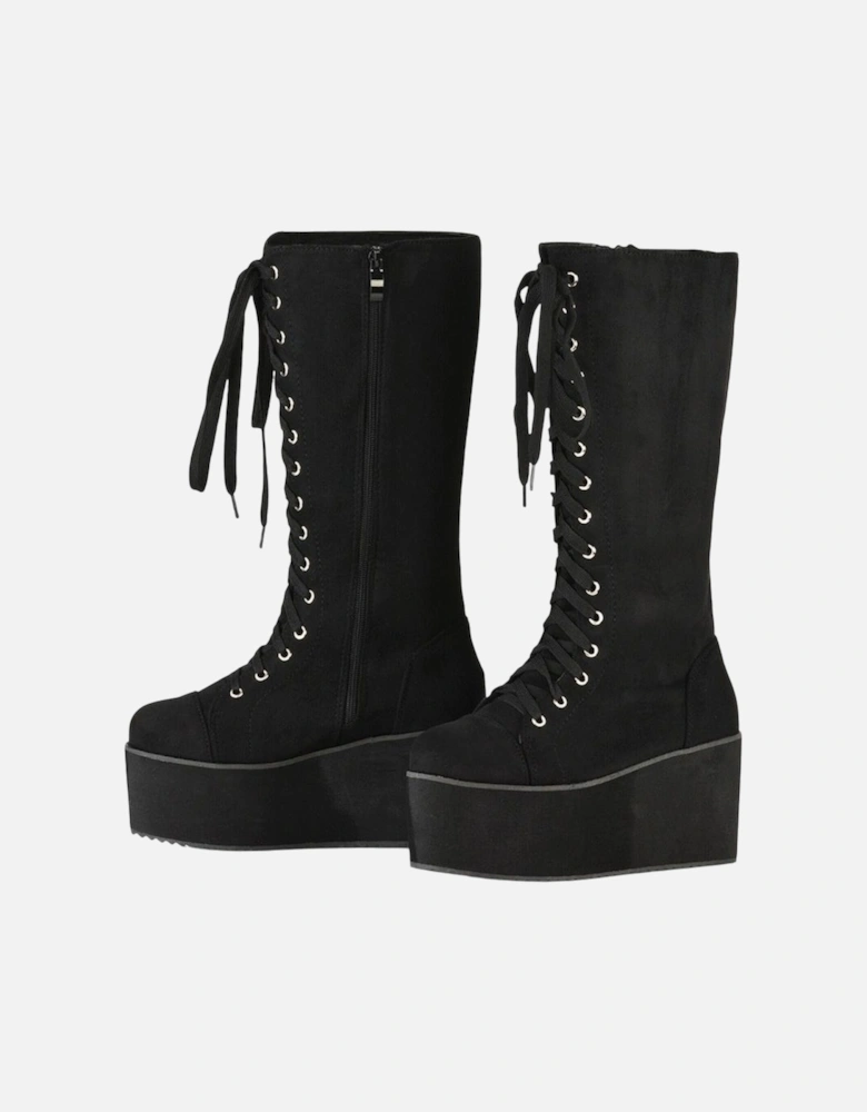 Womens/Ladies Liz Calf-Length Lace Up High Flatform Biker Boots