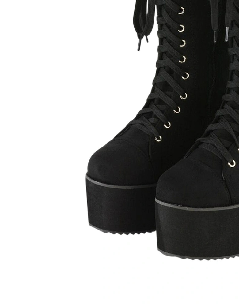 Womens/Ladies Liz Calf-Length Lace Up High Flatform Biker Boots