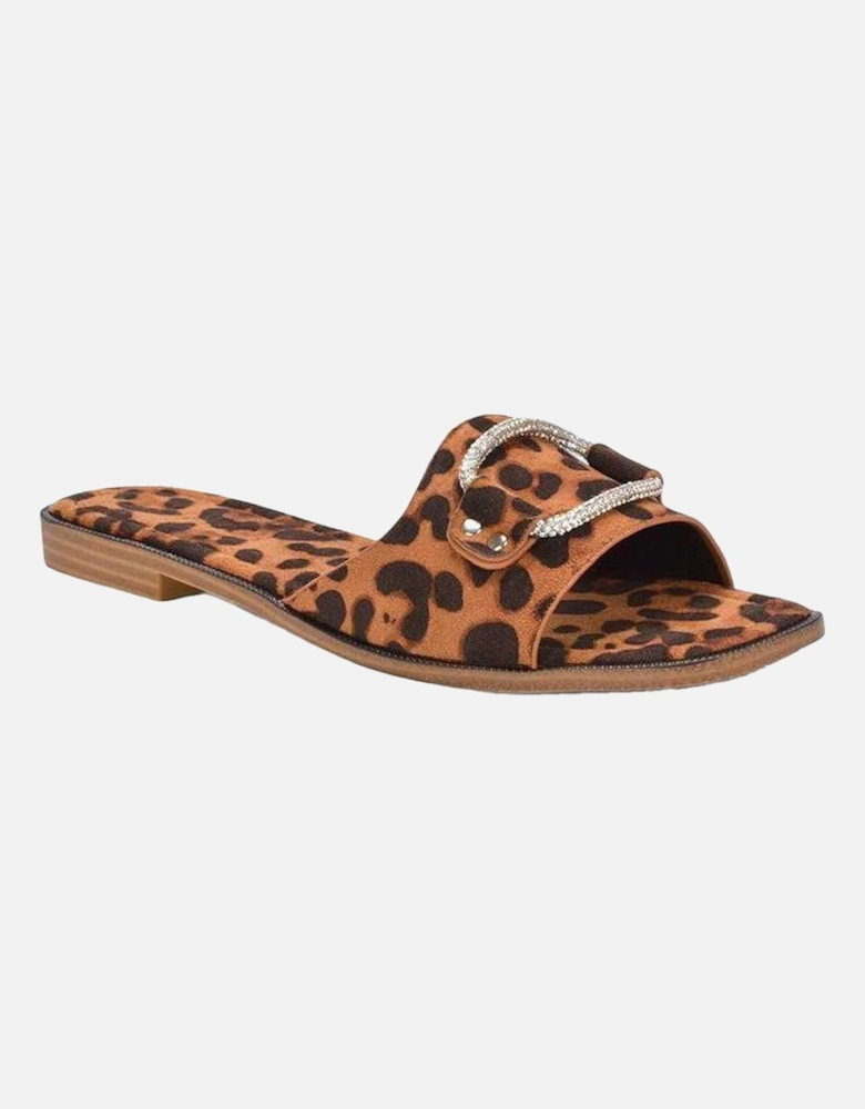 Womens/Ladies Annie Leopard Print Diamante Flat Sliders